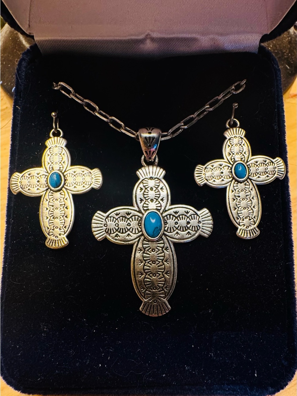 Montana Silversmiths Cross Necklace and Earrings Set with Turquoise Stone